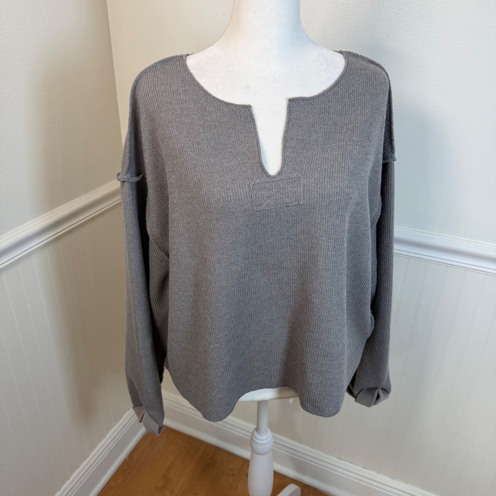Urban Outfitters Gray Ribbed Notched Neck Oversized Sweater Lagenlook Women‎ SP